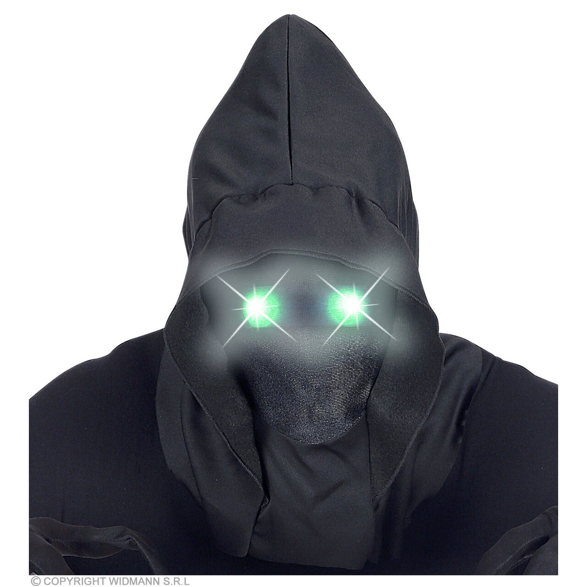 Op deze afbeelding zie je een Accessoires, van het merk Widmann. Masker Beul Met Kap En Lichtgevende Groene Ogen
