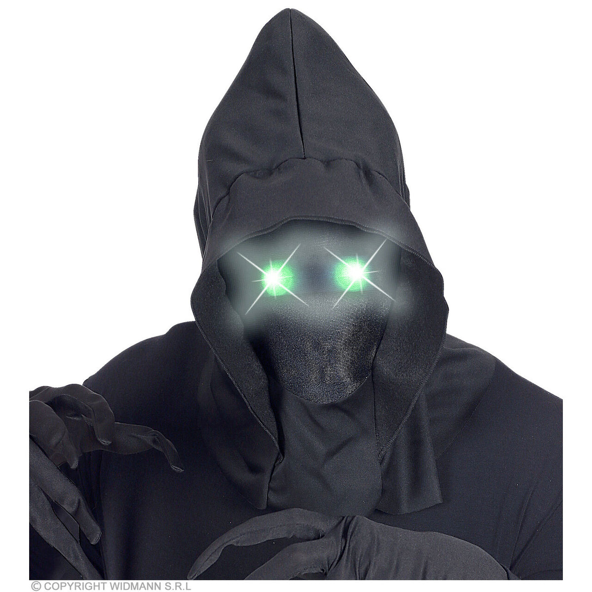 Op deze afbeelding zie je een Accessoires, van het merk Widmann. Masker Beul Met Kap En Lichtgevende Groene Ogen
