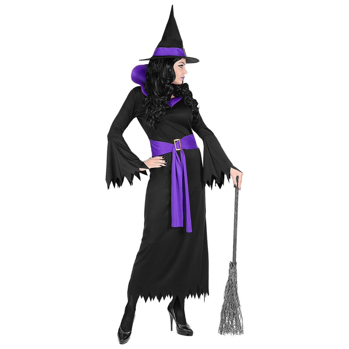 Op deze afbeelding zie je een Kostuums, van het merk Widmann. Diep Duistere Zwart Paarse Halloween Heks Vrouw Kostuum