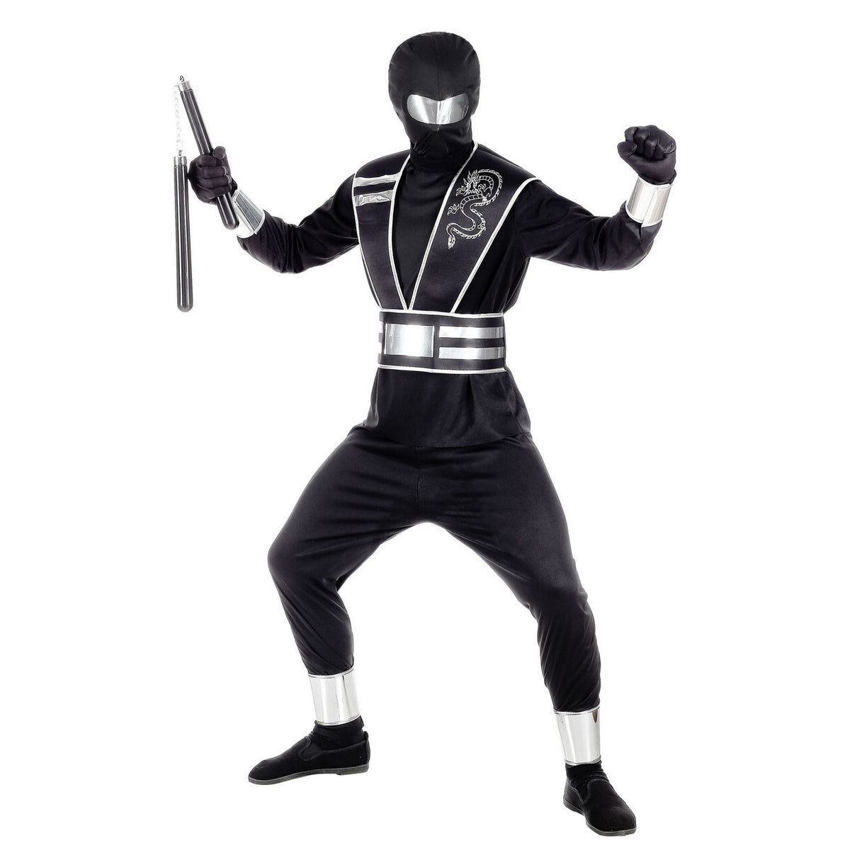 Op deze afbeelding zie je een Kostuums, van het merk Widmann. Sneller Dan Zijn Schaduw Zilver Zwarte Ninja Jongen Kostuum