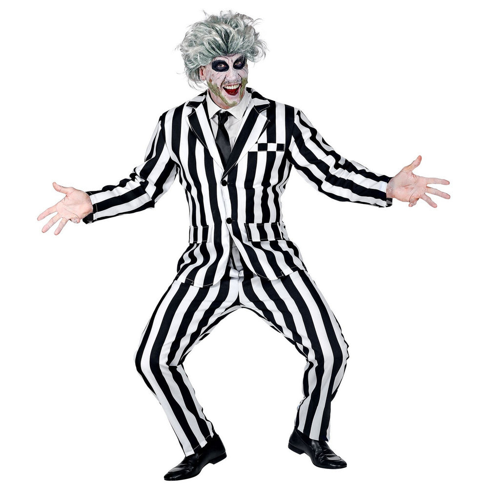 Op deze afbeelding zie je een Kostuums, van het merk Widmann. Streepjes Beetlejuice Spook Man Kostuum