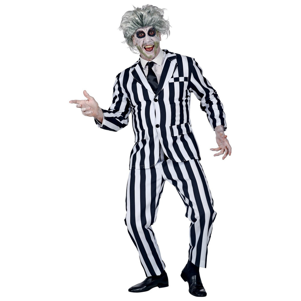 Op deze afbeelding zie je een Kostuums, van het merk Widmann. Streepjes Beetlejuice Spook Man Kostuum