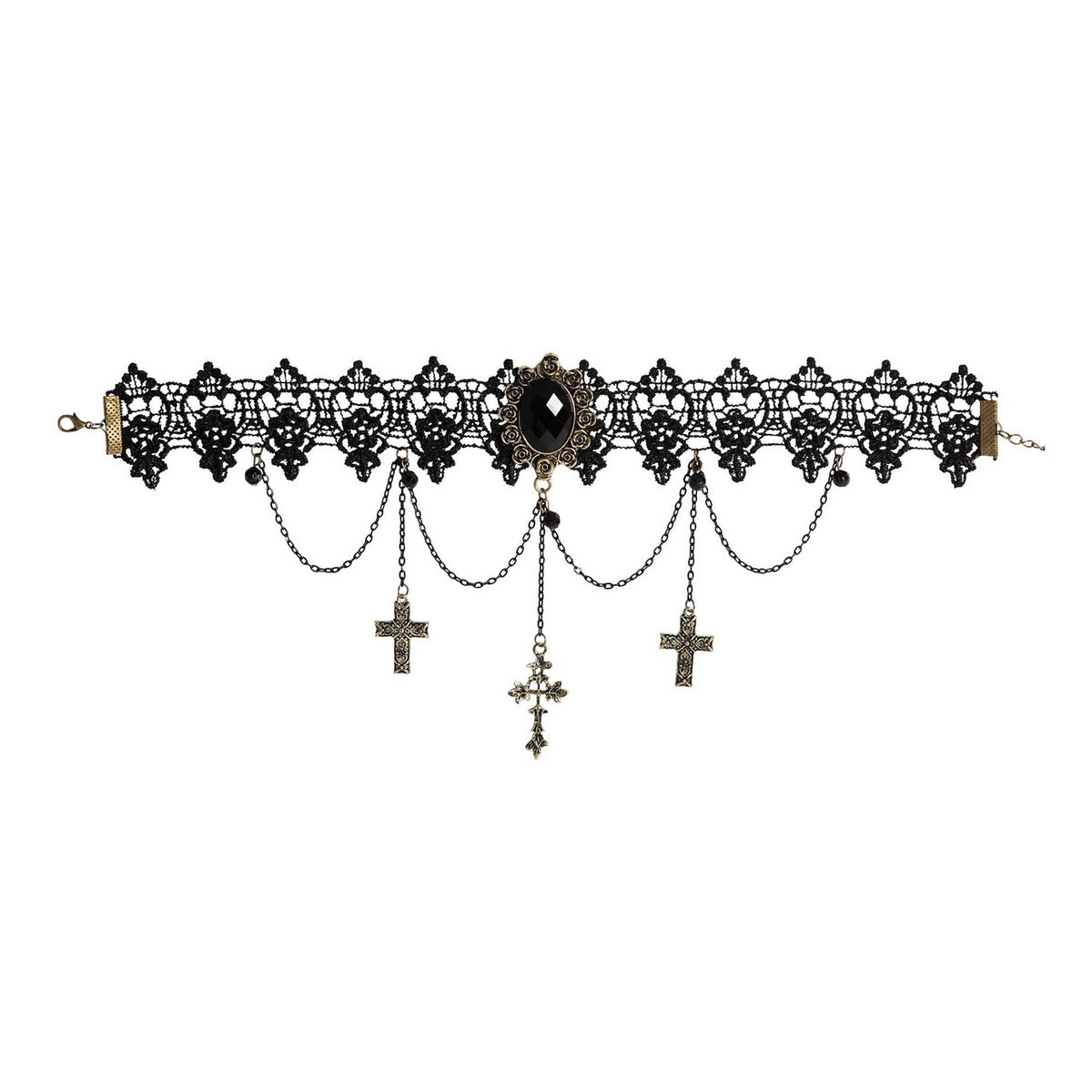 Op deze afbeelding zie je een Accessoires, van het merk Widmann. Choker Met Kruizen En Zwarte Edelstenen Duistere Religie