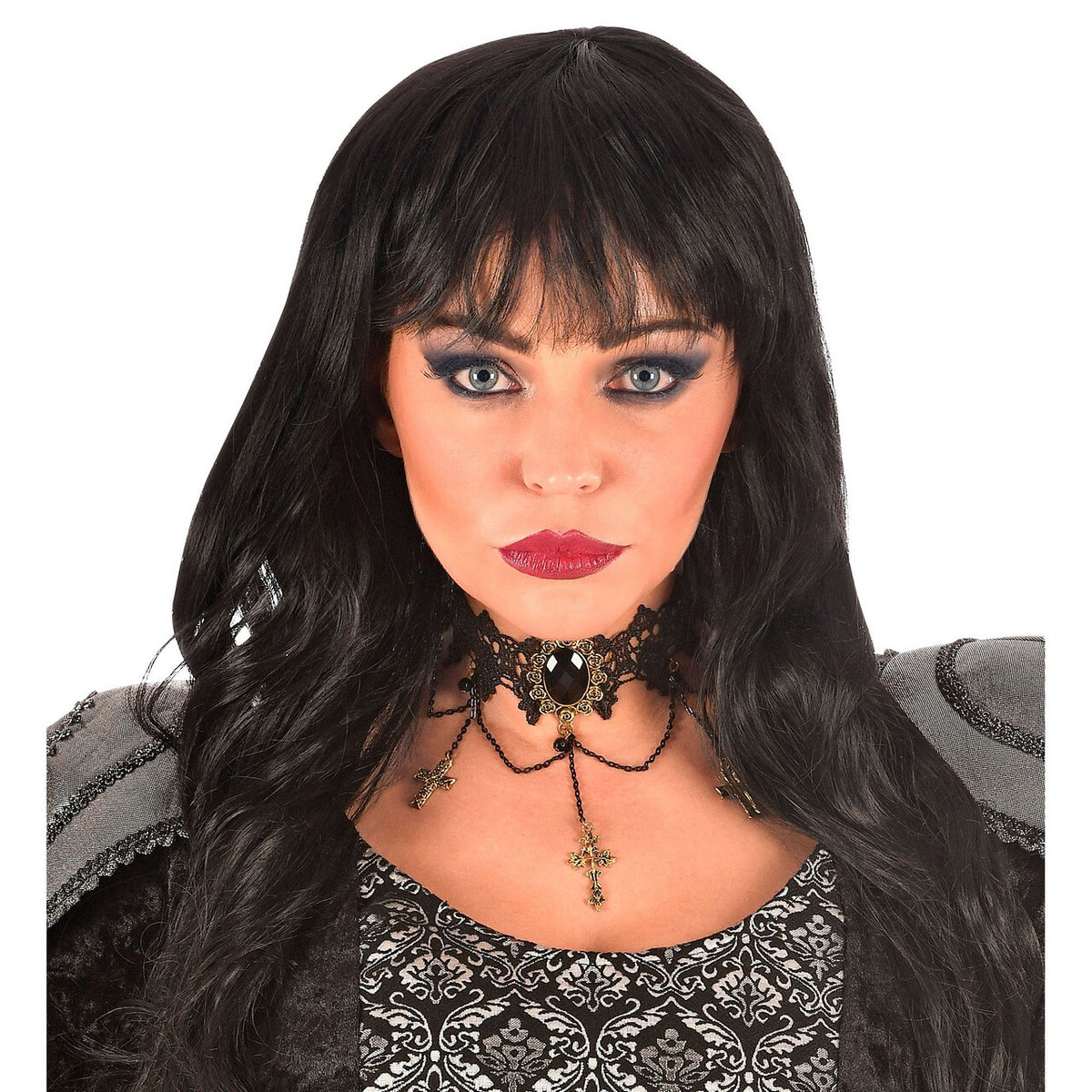 Op deze afbeelding zie je een Accessoires, van het merk Widmann. Choker Met Kruizen En Zwarte Edelstenen Duistere Religie