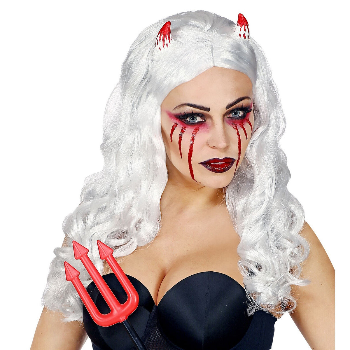 Op deze afbeelding zie je een Accessoires, van het merk Widmann. Pruik Met Horentjes Satanische Vrouw