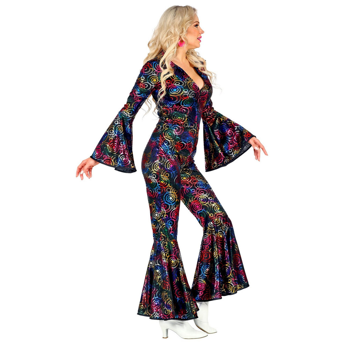 Op deze afbeelding zie je een Kostuums, van het merk Widmann. Hippie Draaien In De Disco Jaren 70 Stippen Jumpsuit Vrouw Kostuum