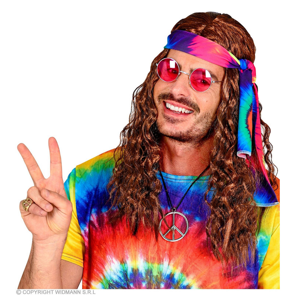 Op deze afbeelding zie je een Accessoires, van het merk Widmann. Hippie Pruik Met Hoofdband Tie Dye Bruin