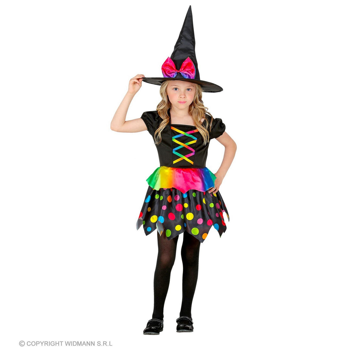 Op deze afbeelding zie je een Kostuums, van het merk Widmann. Gekleurde Polkadot Heks Henrika Meisje Kostuum