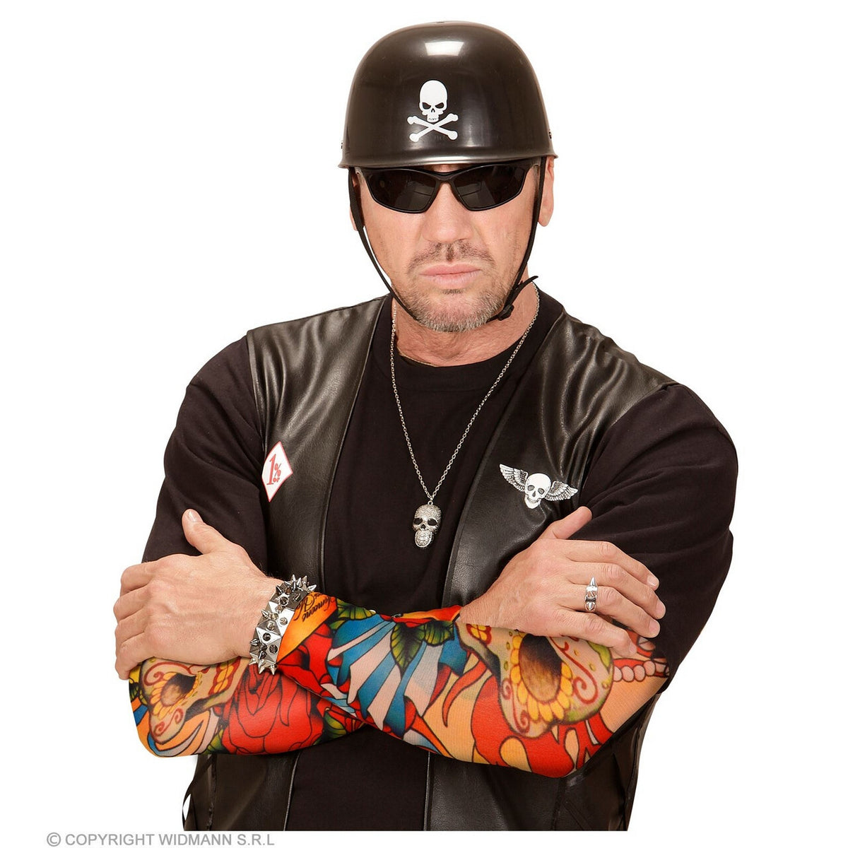 Op deze afbeelding zie je een Accessoires, van het merk Widmann. Gekleurde Tattoo Armsleeve Schedel En Rozen