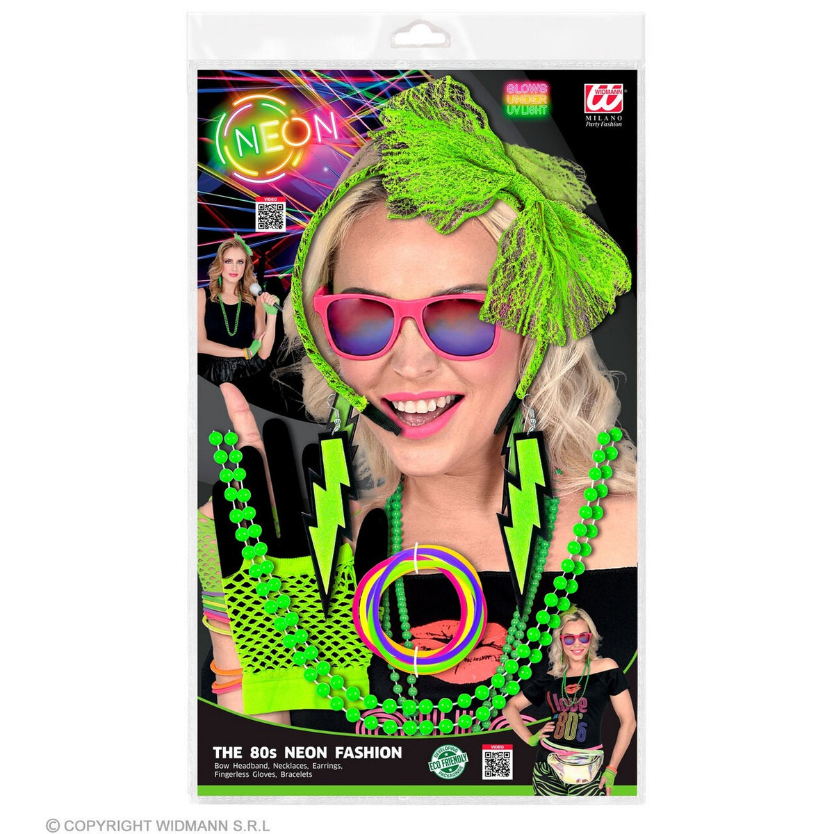 Op deze afbeelding zie je een Accessoires, van het merk Widmann. Jaren 80 Popstar Cindy Set, Neon Groen