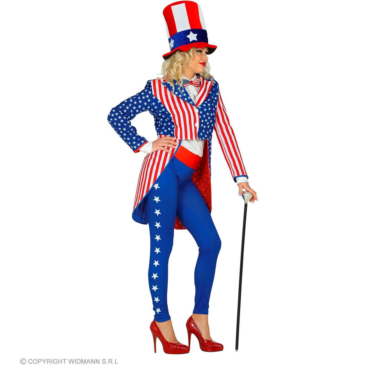 Op deze afbeelding zie je een Kostuums, van het merk Widmann. Miss Stars En Stripes USA Slipjas Vrouw