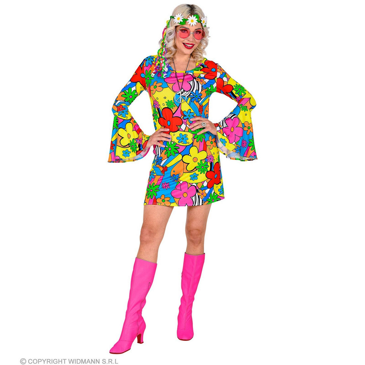 Op deze afbeelding zie je een Kostuums, van het merk Widmann. Flora Bora Seventies Hippie Vrouw Kostuum