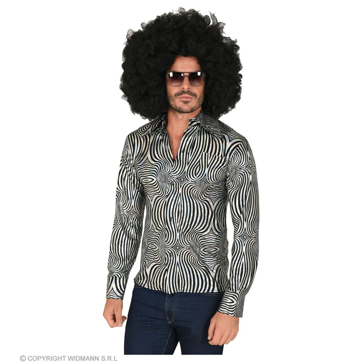 Op deze afbeelding zie je een Kostuums, van het merk Widmann. 70s Verblindend Schitterend Disco Shirt Zilver Man