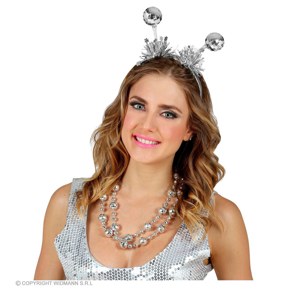 Op deze afbeelding zie je een Decoratie, van het merk Widmann. Hoofdbopper Met Knallende Discoballen Zilver