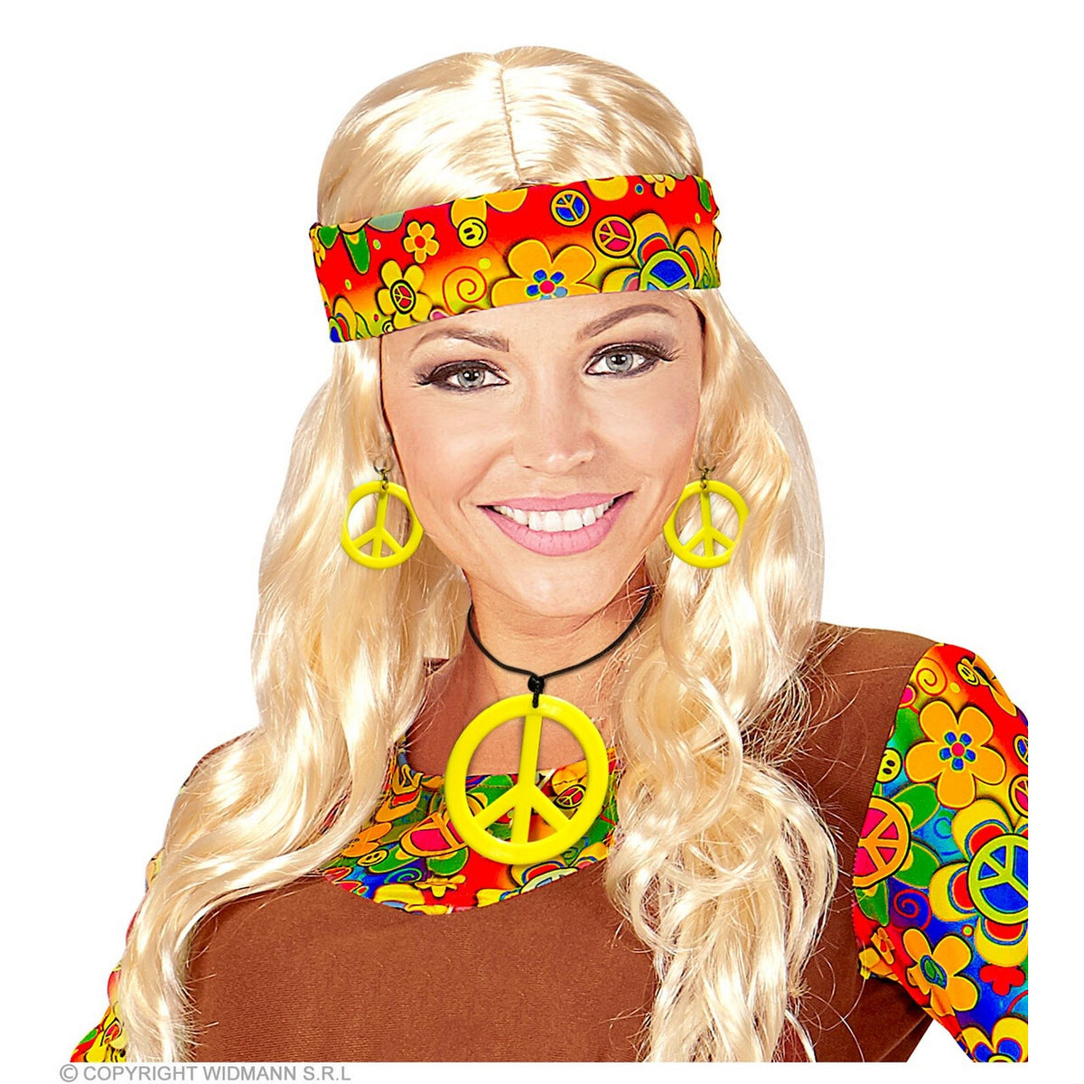 Op deze afbeelding zie je een Accessoires, van het merk Widmann. Hippie Set Peace Ketting En Oorbellen Neon Geel