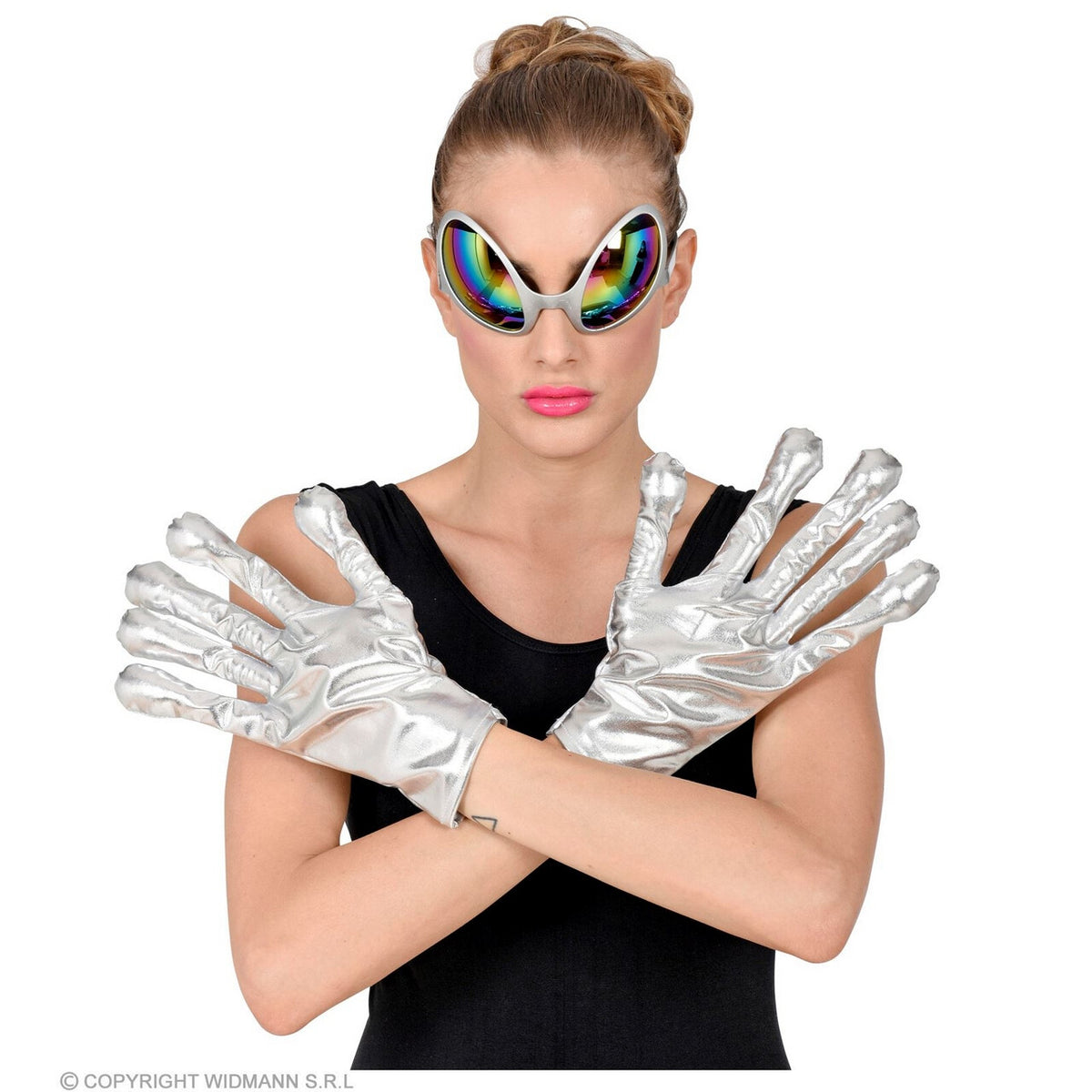Op deze afbeelding zie je een Accessoires, van het merk Widmann. Zilveren Alien Handschoenen