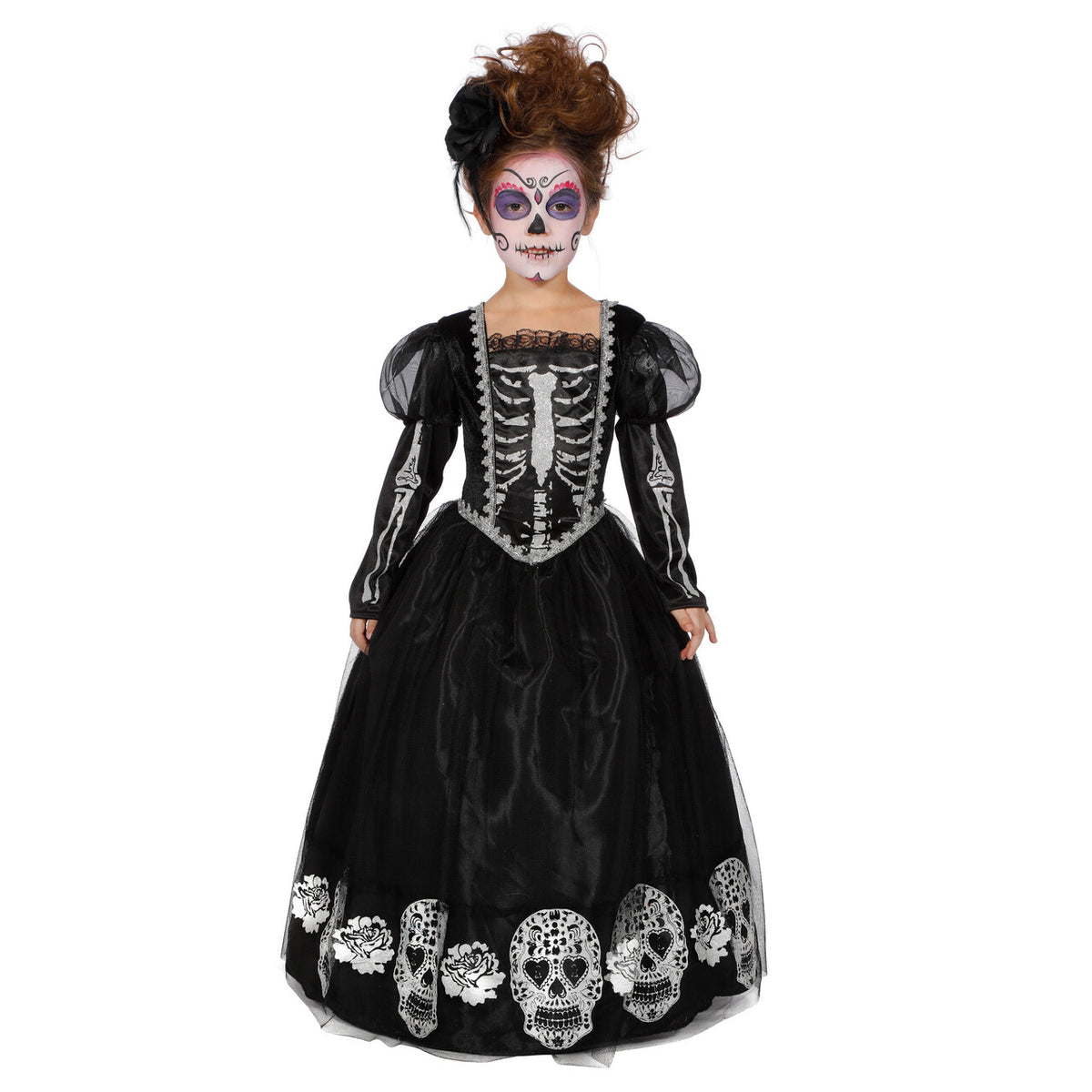 Op deze afbeelding zie je een Kostuums, van het merk Wilbers. Zwarte Jurk Versierd Met Doodshoofden Day Of The Dead Meisje