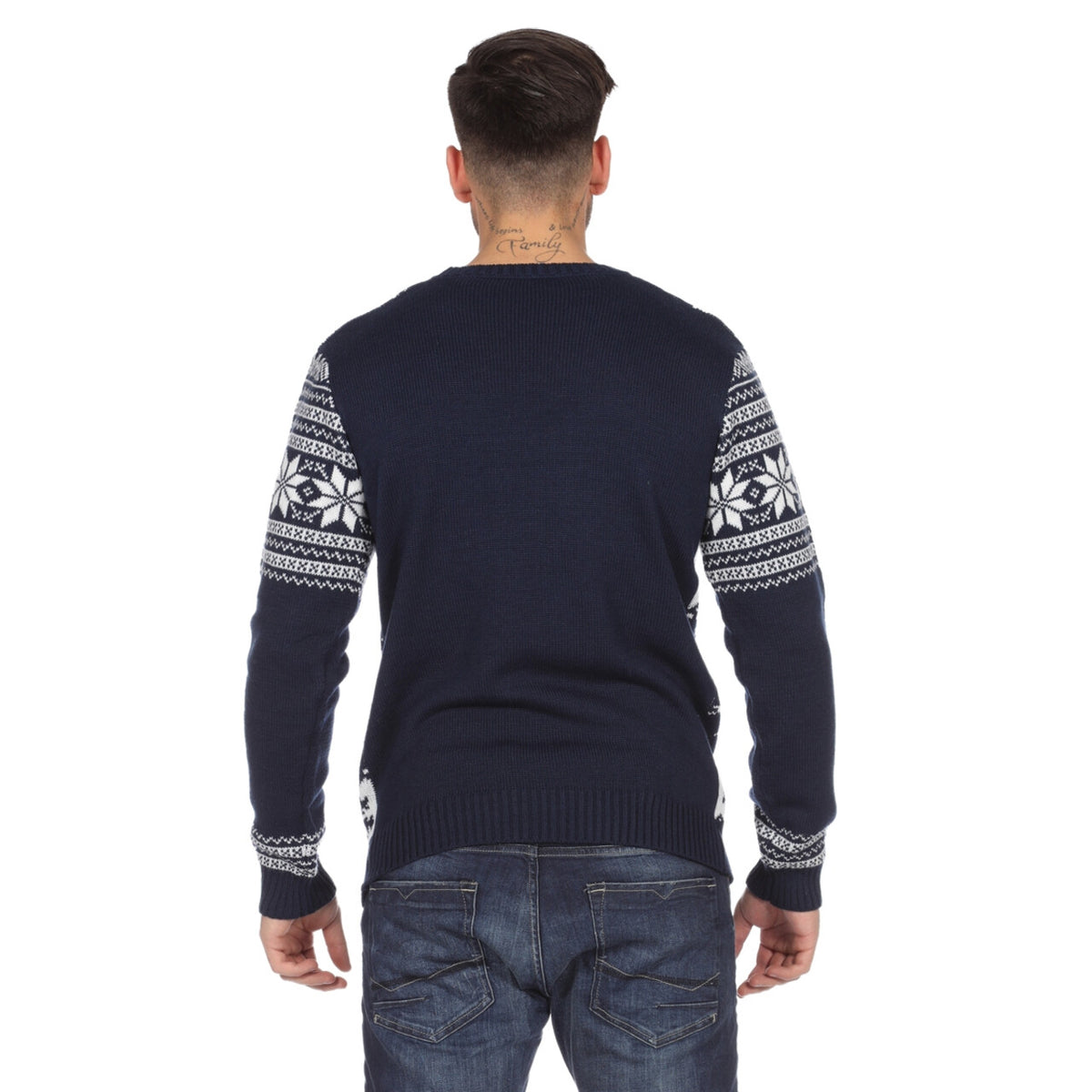 Op deze afbeelding zie je een Kostuums, van het merk Wilbers. Blauw Witte Kerst Trui Rendieren En Sneeuw Man