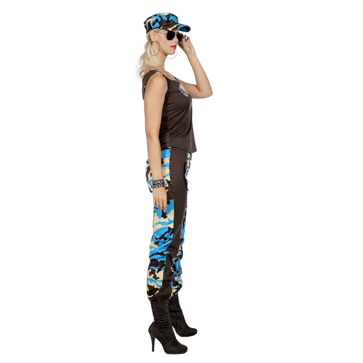Op deze afbeelding zie je een Kostuums, van het merk Wilbers. Paramilitair Camo Carmen Blauw Vrouw Kostuum