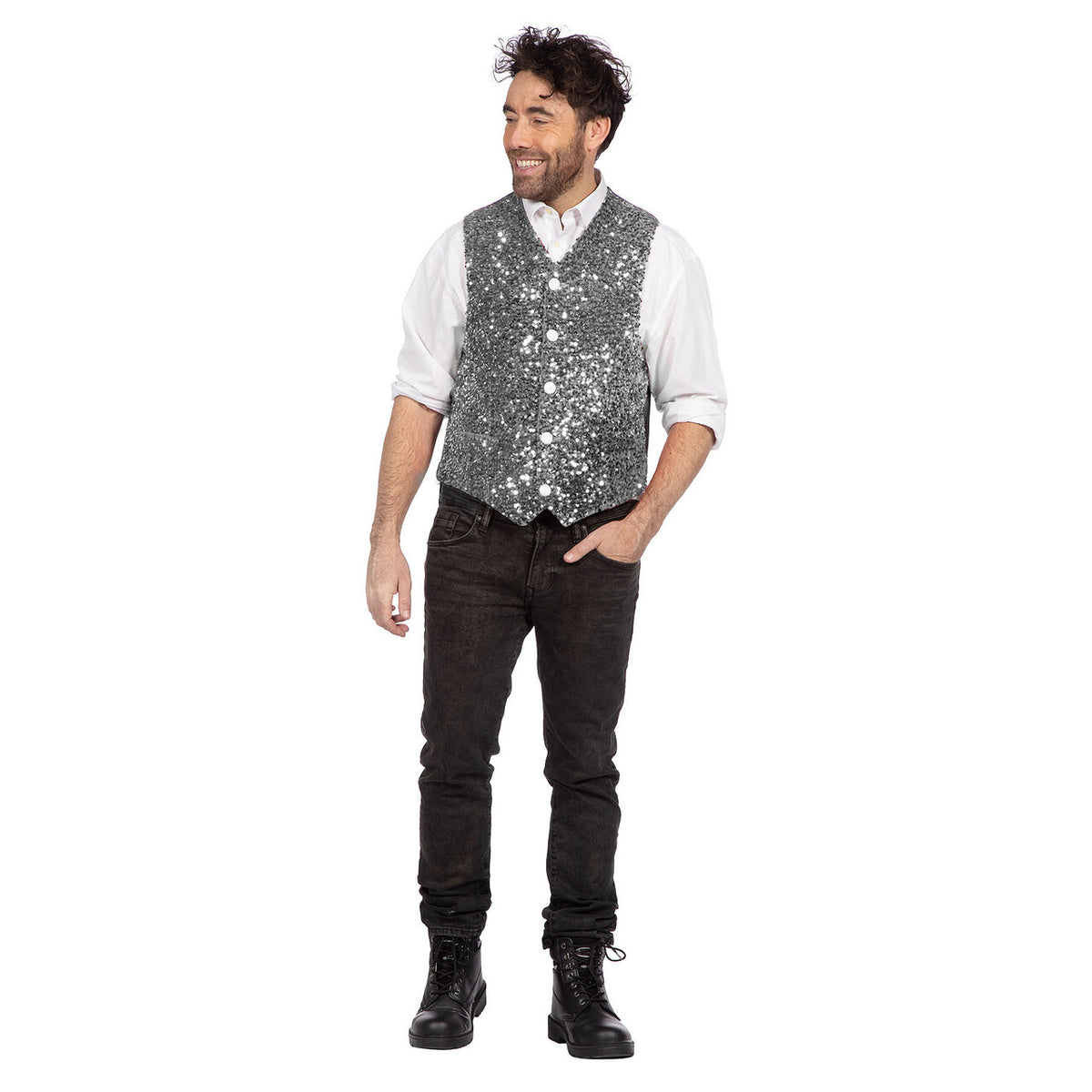 Op deze afbeelding zie je een Kostuums, van het merk Wilbers. Glitter Gladiool Pailletten Gilet Zilver Man