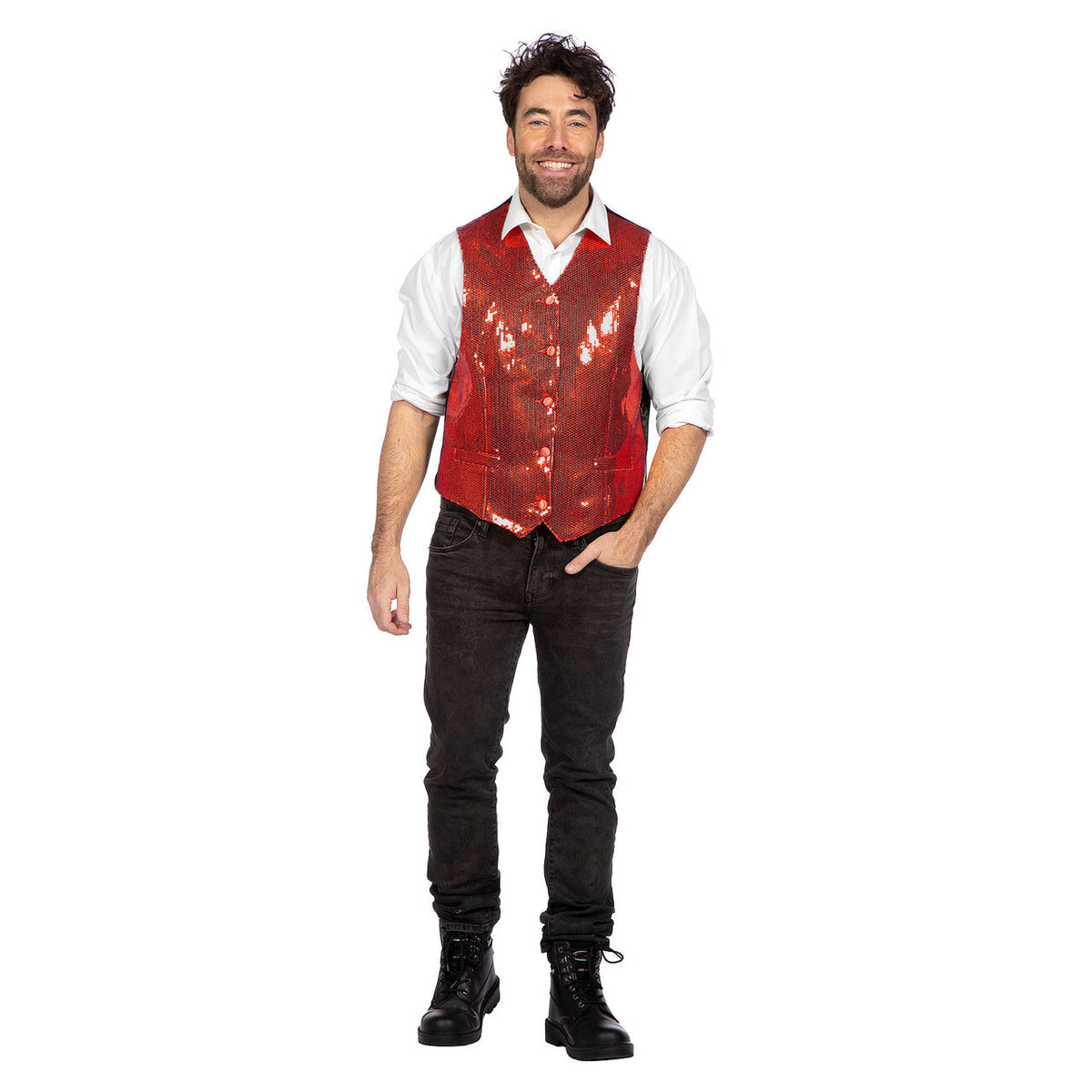 Op deze afbeelding zie je een Kostuums, van het merk Wilbers. Showstopper Pailletten Gilet Rood Man