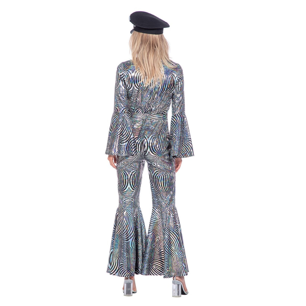 Op deze afbeelding zie je een Kostuums, van het merk Wilbers. 70s Zilveren Dolle Disco Catsuit Vrouw Kostuum