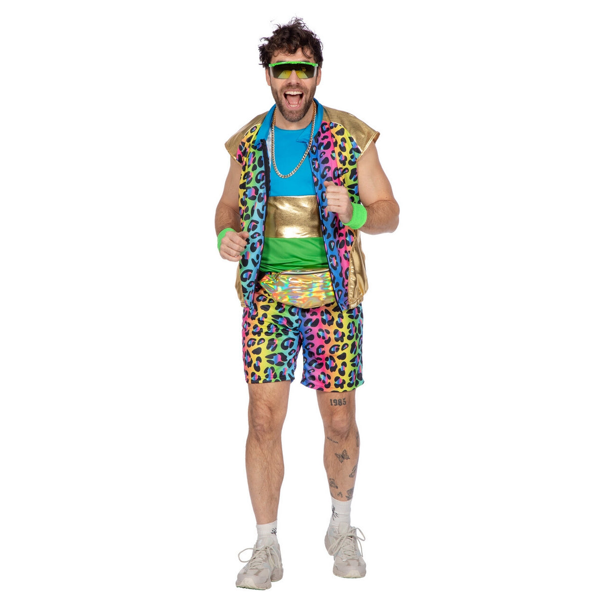 Op deze afbeelding zie je een Kostuums, van het merk Wilbers. Vrolijke Regenboog Luipaardprint Ferry Fout Man Kostuum