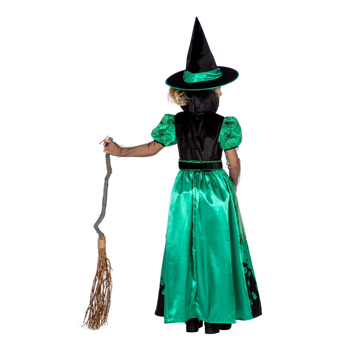 Op deze afbeelding zie je een Kostuums, van het merk Wilbers. Green Witch Spookhuis Heks Meisje Kostuum