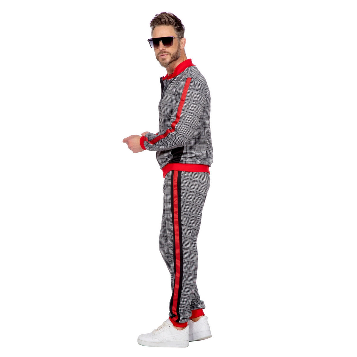 Op deze afbeelding zie je een Kostuums, van het merk Wilbers. Trainingspak Hip Hop Trotse Schotse Ruit Grijs Man Kostuum